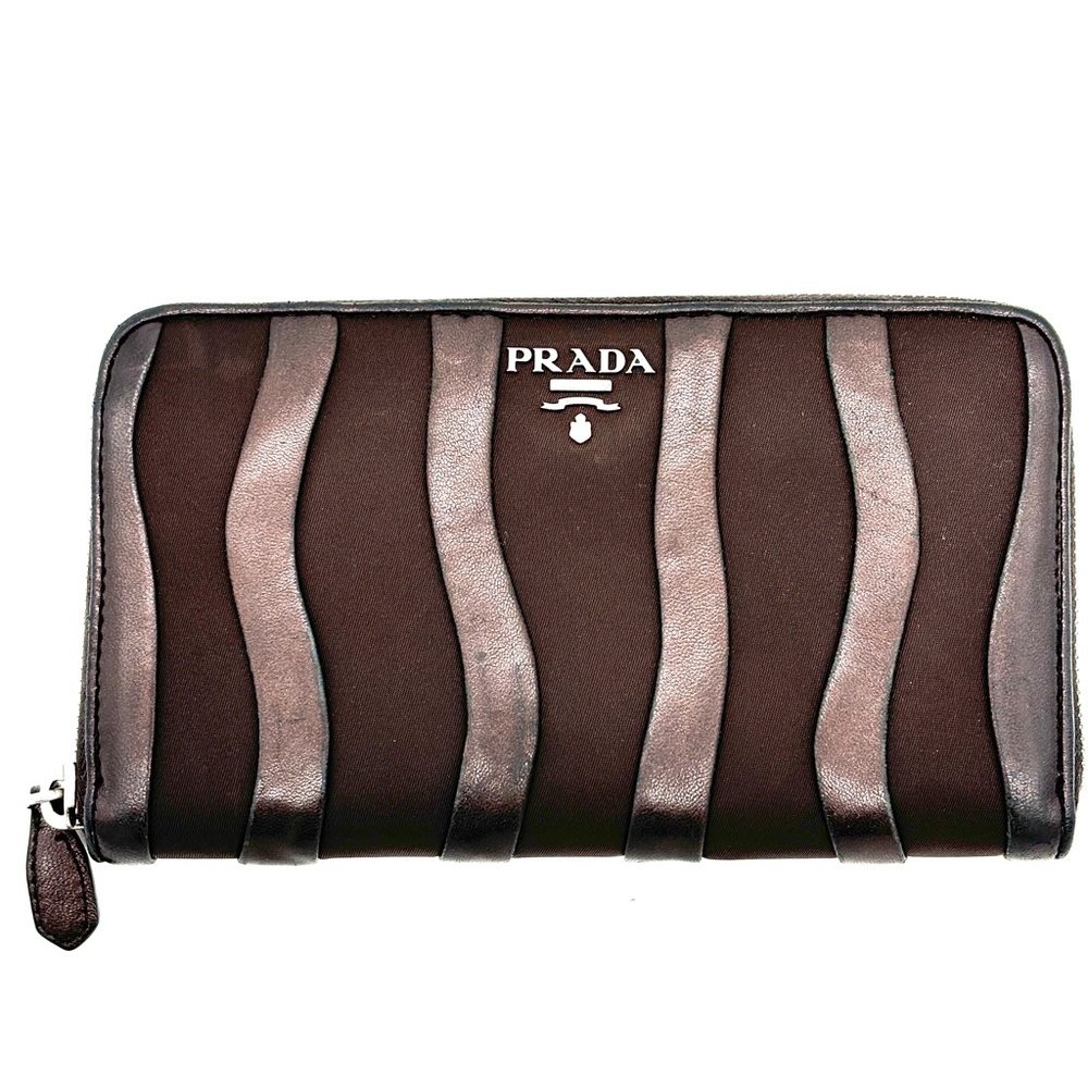 Prada Brown Leather Nylon Zip Around Long Wallet